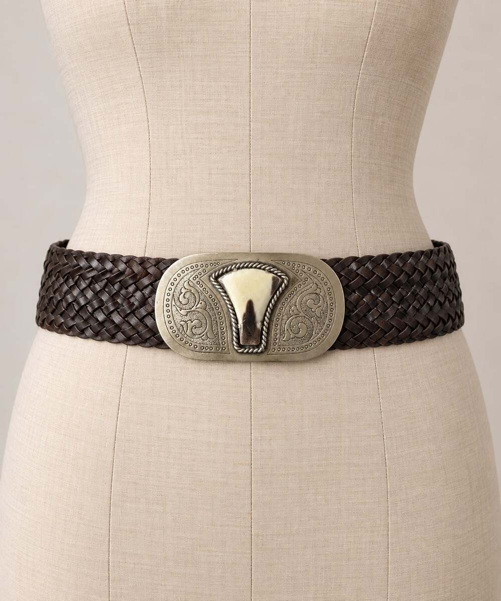 Vintage 90s Moroccan Woven Leather Belt Natural Horn Engraved Buckle Boho
